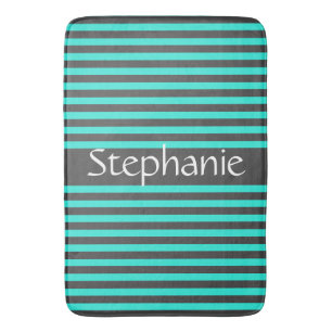 Stylish Gray Teal Stripes White Custom Name Bath Mat
