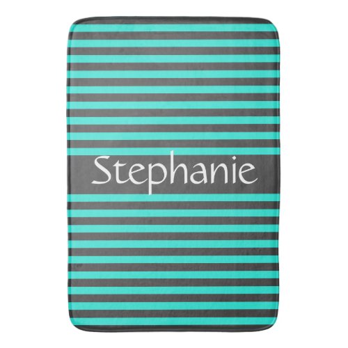 Stylish Gray Teal Stripes White Custom Name Bath Mat