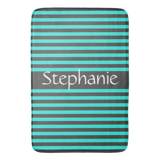 Stylish Gray Teal Stripes White Custom Name Bath Mat (Front Vertical)