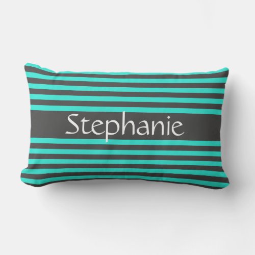 Stylish Gray Teal Stripes White Custom Name Lumbar Pillow