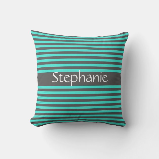 Stylish Gray Teal Stripes White Custom Name Outdoor Pillow (Front)