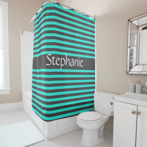 Stylish Gray Teal Stripes White Custom Name Shower Curtain