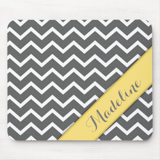 Stylish Gray White Chevron Yellow Ribbon Mouse Pad (Front)