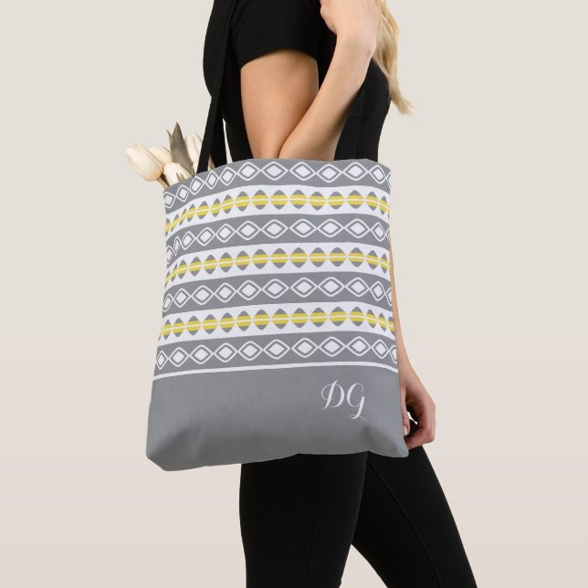 Stylish Gray Yellow & White Geometric Pattern Tote Bag (Close Up)