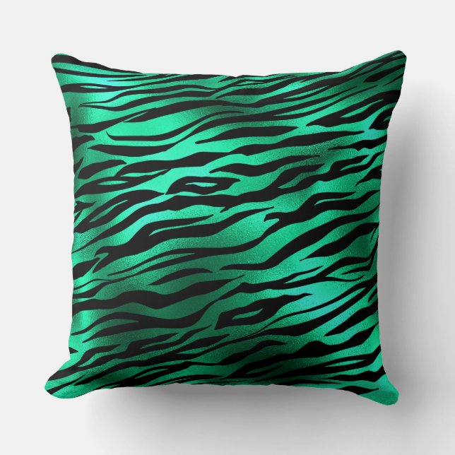 Stylish Green and Black Wild Tiger Stripes Safari Throw Pillow (Front)