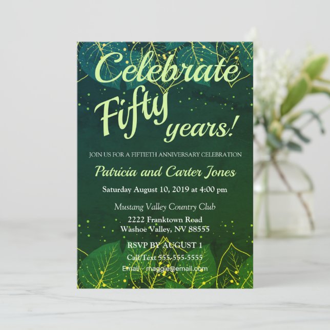 Stylish Green and Gold 50th Anniversary Invitation (Standing Front)