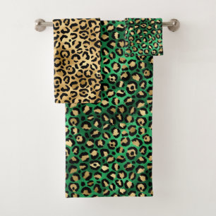 Stylish Green and Gold Foil Leopard Spots Bath Towel Set