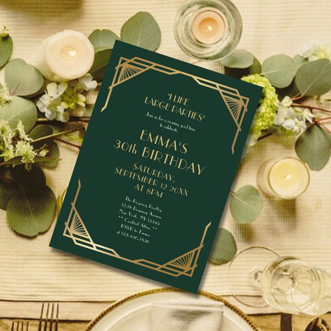 Stylish Green and Gold Gatsby 30th Birthday Party Invitation (Creator Uploaded)