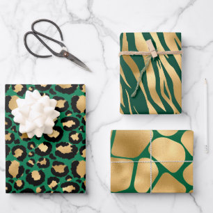 Stylish Green and Gold Safari Wild Animal Patterns Wrapping Paper Sheets