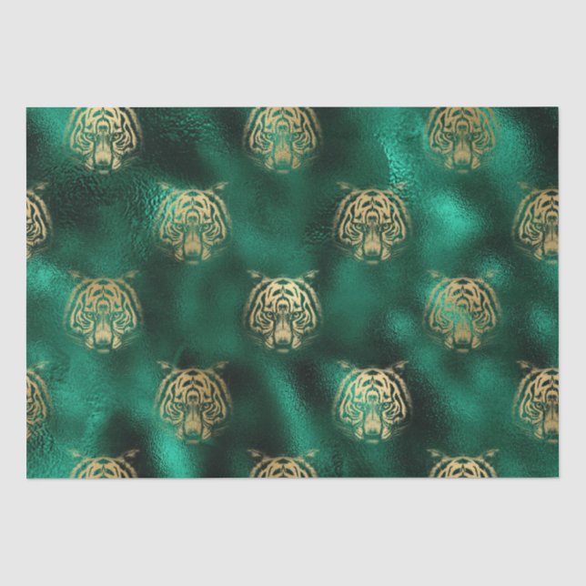 Stylish Green and Gold Wild Tiger Face Safari Tissue Paper (Front)