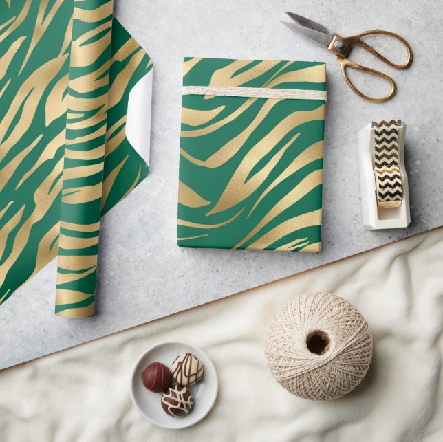 Stylish Green and Gold Wild Zebra Stripes Safari Wrapping Paper (Crafts)