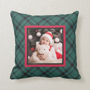 Stylish Green and Red Christmas Plaid with Photo Throw Pillow