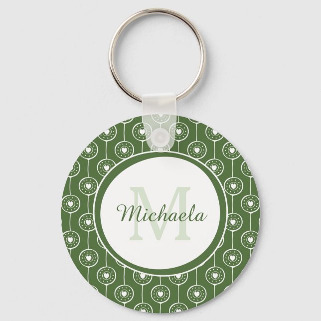 Stylish Green and White Hearts Monogram With Name Keychain (Front)