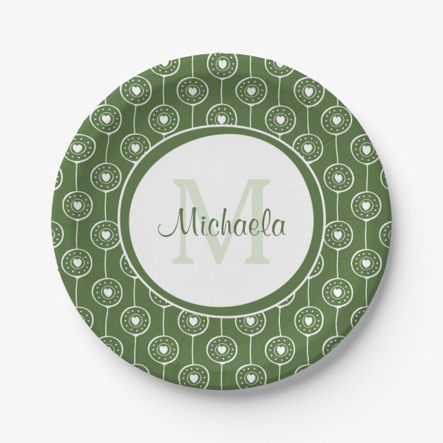 Stylish Green and White Hearts Monogram With Name Paper Plates (Front)