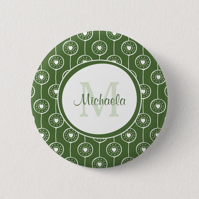 Stylish Green and White Hearts Monogram With Name Pinback Button (Front)