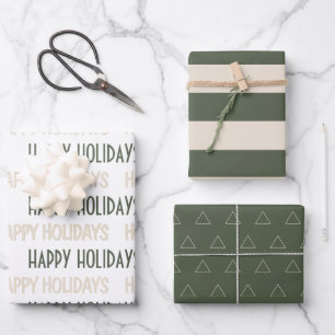 Stylish Green Beige Happy Holidays Wrapping Paper