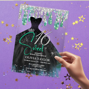 Stylish green black dress sweet 16 monogram acrylic invitations