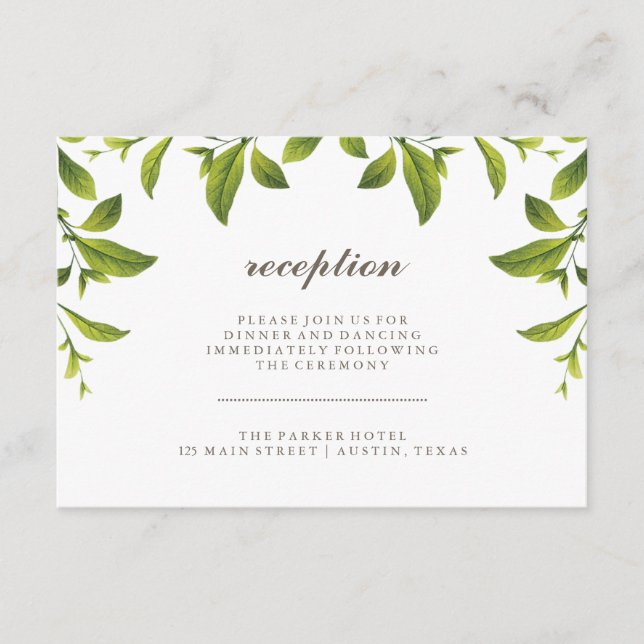Stylish Green Botanical Leaves Wedding Reception Enclosure Card (Front)