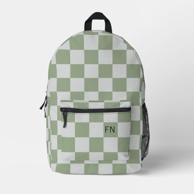 Stylish Green Checkerboard Monogram Initial Printed Backpack (Front)