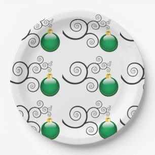 Stylish Green Christmas Ornament Pattern Paper Plates