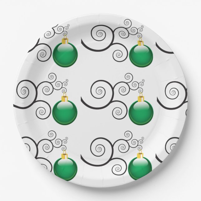 Stylish Green Christmas Ornament Pattern Paper Plates (Front)