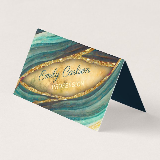 Stylish green emerald marble art faux gold glitter business card (Front)