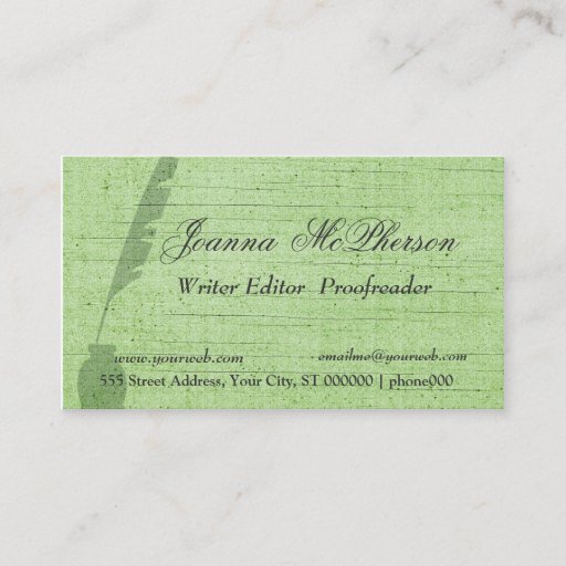 Customizable Stylish Green Feather   Writer Journalist Business Card