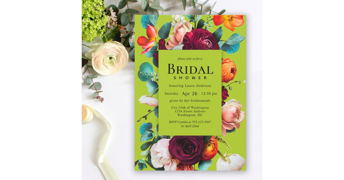 Stylish Green Floral Bridal Shower Invitation Zazzle