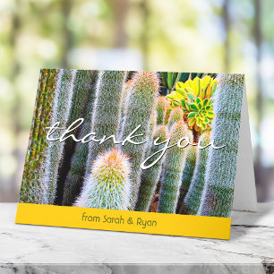 Stylish green fuzzy cacti modern script name bold letterpress thank you card