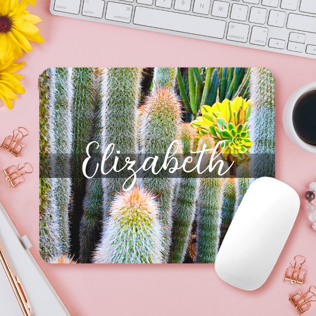 Stylish green fuzzy cacti photo custom name script mouse pad (Creator Uploaded)