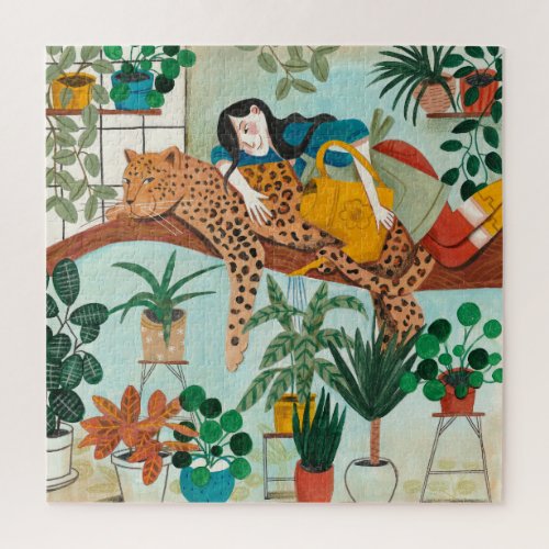 Stylish green girls tropical Leopard jungle floral Jigsaw Puzzle