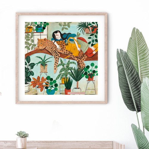 Stylish green girls tropical Leopard jungle floral Poster