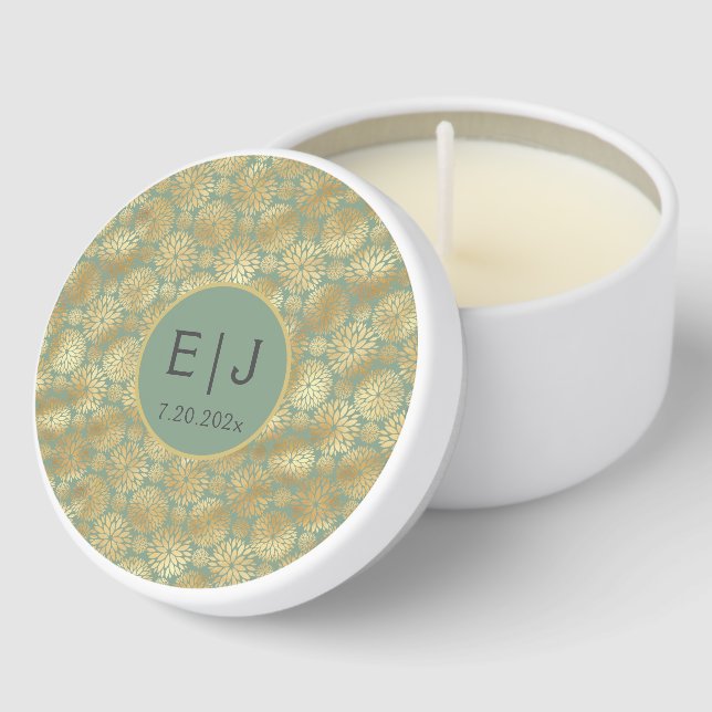 Stylish Green & Gold Dahlias Pattern Monogram  Mini Candle Favors (Corner)