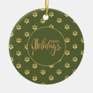 Stylish Green & Gold Daisy Christmas Ceramic Ornament