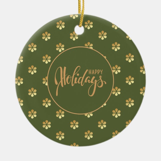 Stylish Green & Gold Daisy Christmas Ceramic Ornament (Front)