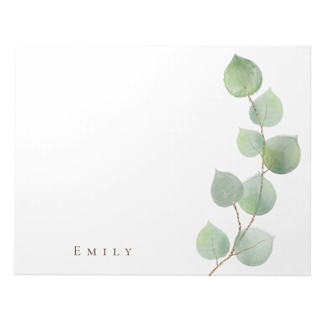 Stylish Green Gold Eucalyptus Leaf Name Notepad (Front)
