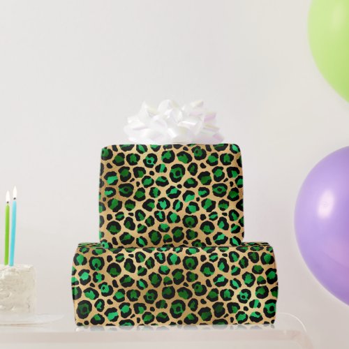 Stylish Green  Gold Foil Leopard Spots Safari Wrapping Paper