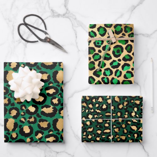 Stylish Green  Gold Foil Leopard Spots Safari Wrapping Paper Sheets