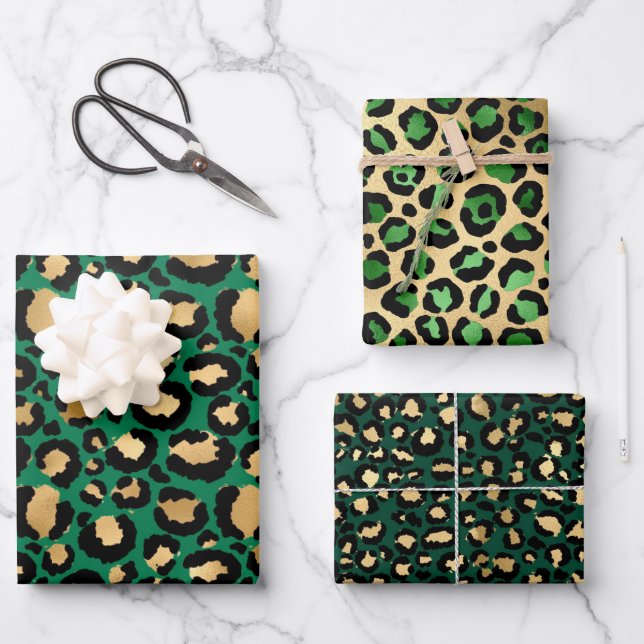 Stylish Green & Gold Foil Leopard Spots Safari Wrapping Paper Sheets (Front)