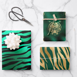 Stylish Green & Gold tiger face and stripes Safari Wrapping Paper Sheets