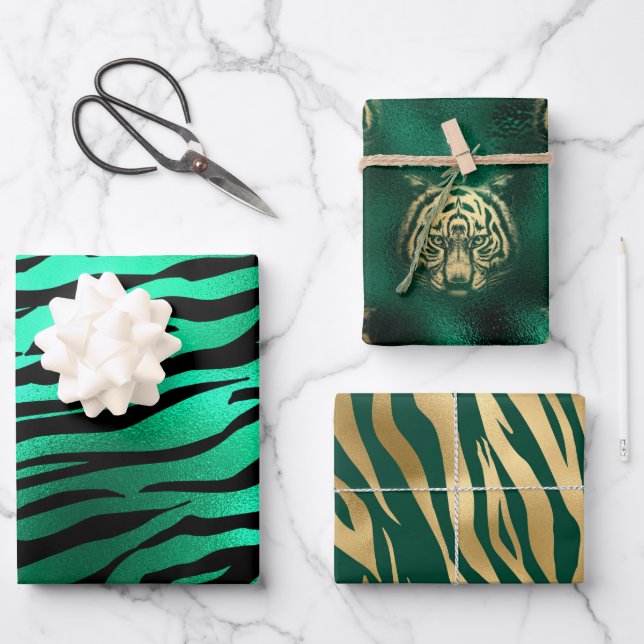 Stylish Green & Gold tiger face and stripes Safari Wrapping Paper Sheets (Front)