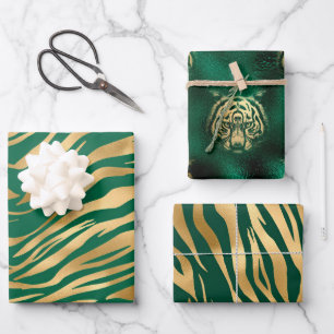 Stylish Green & Gold tiger face and stripes Safari Wrapping Paper Sheets