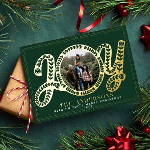 Stylish Green Joy Christmas Photo Holiday Card