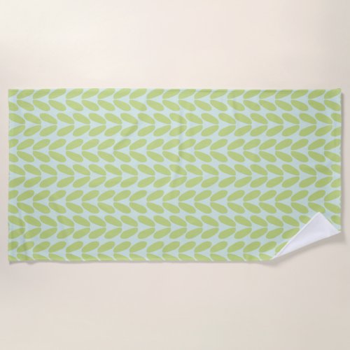 Stylish Green Leaves on Pastel Blue Beach Towel