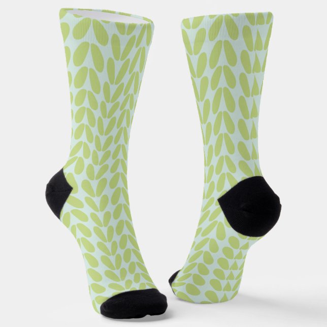 Stylish Green Leaves on Pastel Blue Socks (Angled)