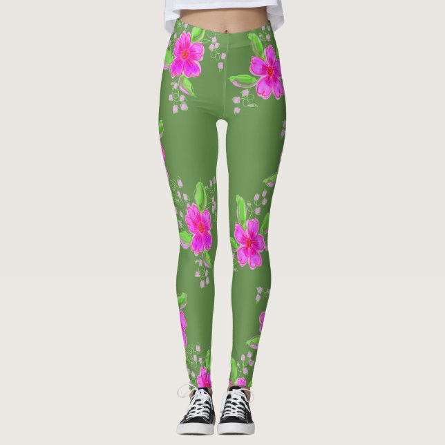 Stylish Green Leggings With Pink Flower Print (Front)