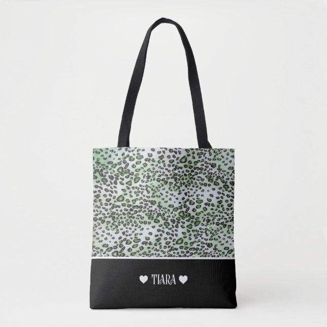 Stylish Green Leopard & Black Color Personalized Tote Bag (Front)