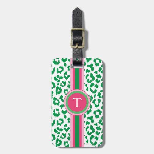 Stylish green leopard print with monogram luggage tag