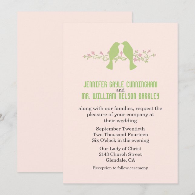 Stylish Green Love Birds Wedding Invitation (Front/Back)