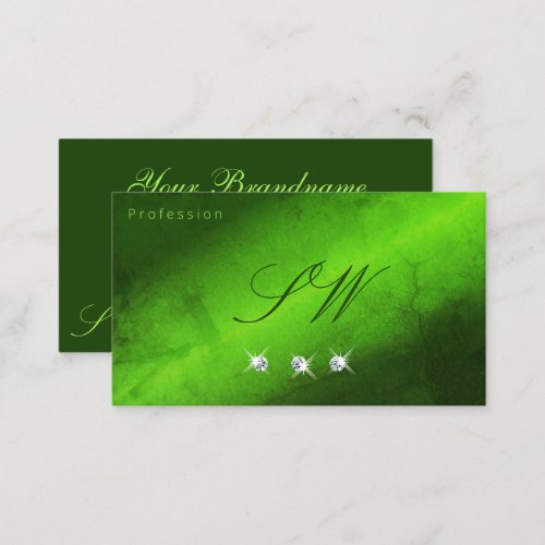 Stylish Green Marble Sparkling Diamonds Initials Business Card